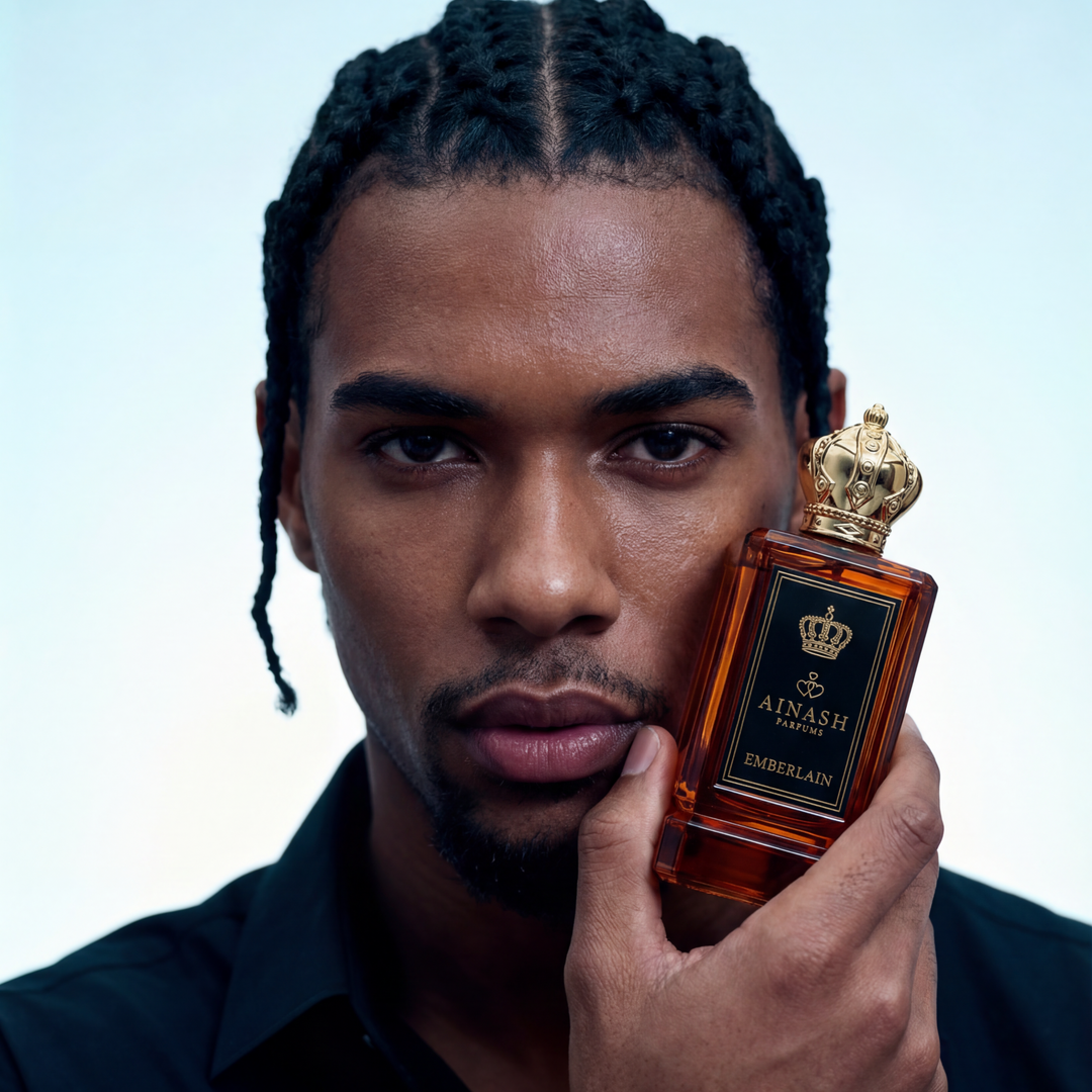 Man holding a perfume bottle labeled 'Ainash' against a light blue background