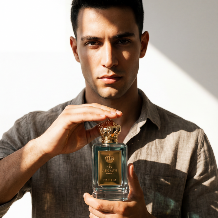Man holding Caelum by Ainash Parfums, a fresh and fruity fragrance with notes of mango, pineapple, and citrus.
