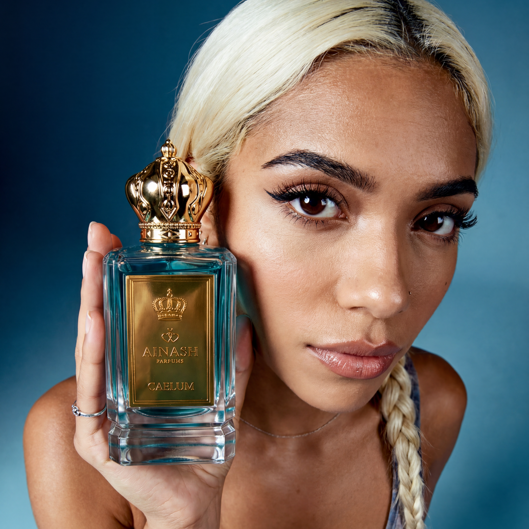 Woman holding Caelum by Ainash Parfums, a fresh and fruity fragrance with tropical fruit notes and a clean finish