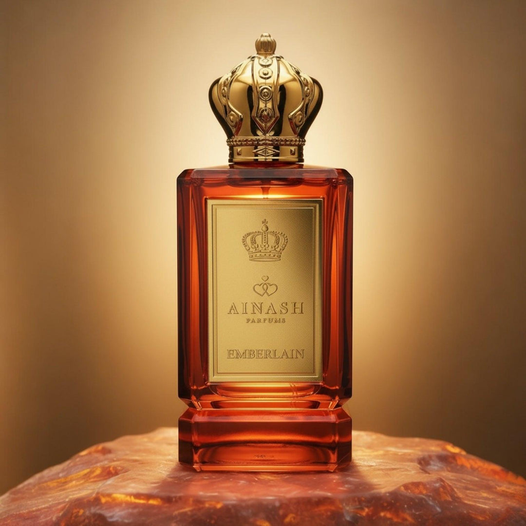 Emberlain 3.4oz bottle – Ainash Parfums | Spicy amber parfum for men with violet leaf, green apple, ginger and benzoin base | Original Creation