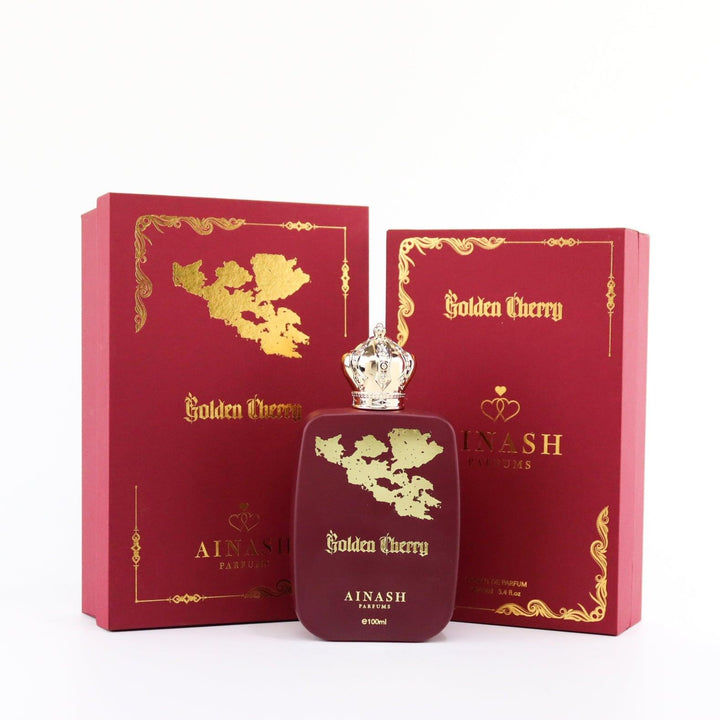 Golden Cherry 3.4oz bottle – Ainash Parfums | Madagascar vanilla, coffee and Indonesian patchouli leaf base | Rich cherry floral unisex extrait de parfum with warm indulgent dry down