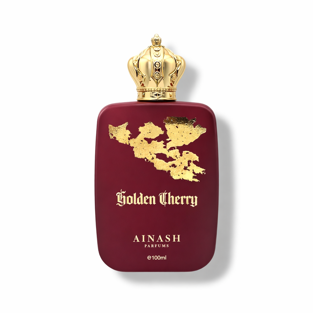 Golden Cherry by Ainash Parfums – Unisex Extrait de Parfum | Floral warm cherry fragrance with cherry, violet leaves and chamomile opening | Golden temptation | 3.4oz