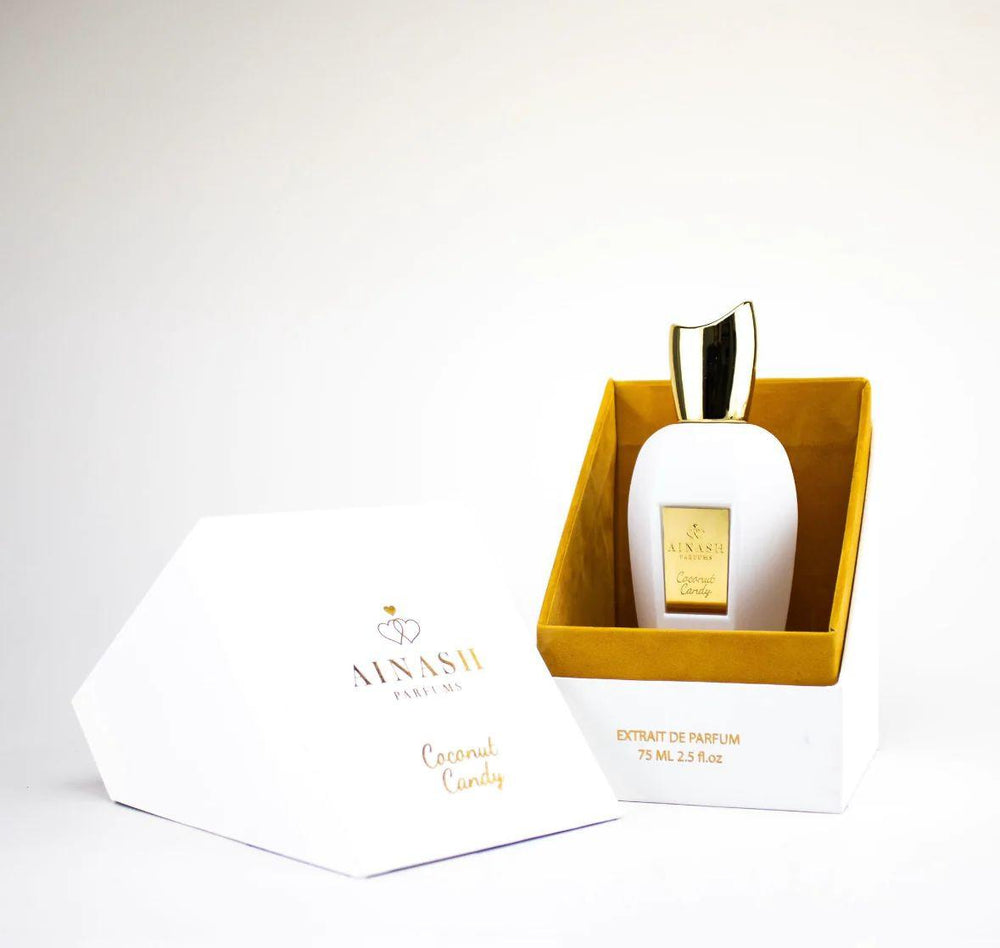 Coconut Candy – Ainash Parfums | Jasmine sambac floral heart with golden caramel, ambroxan and amber base | Sweet gourmand extrait de parfum that lingers like silk on skin
